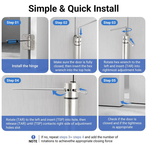 Instructional steps for installing Heavy Duty 4 Inch Satin Nickel Self Closing Door Hinges with adjustable tension.