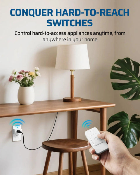 Person using Indoor Wireless Remote Outlet With Big One Touch Button Easy On Off Control For Lamps Vacs Lights Holiday Decor 15A/1875W 100Ft RF Range Magnetic Wall Switch Simple Setup White in living room setting.