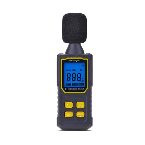 Pro Grade Handheld Digital Sound Meter With Large LCD Display For Noise And Decibel Readings In Offices And Server Rooms High Sensitivity Microphone Accurate 30 To 130 dBA Range IP54 Rated Requires 3 AAA Batteries, front view