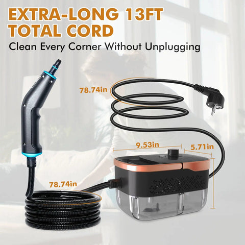 Portable Handheld Steam Cleaner With 16 Versatile Attachments Get Stubborn Messes Outta Sight In Seconds 1500W Motor Heats Up Hella Fast 221 Degrees For Tile Grout Carpets Kitchen Bathroom Garage Auto Detailing No Sweat Deep Clean featuring 13ft total cord.