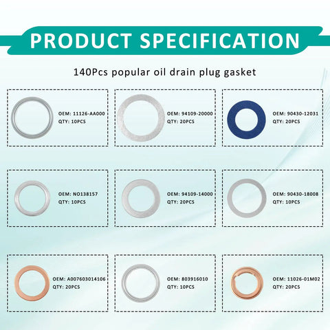 140 Piece Oil Drain Plug Gasket And Crush Washer Kit With 9 Sizes M11 M12 M14 M16 M18 M20 specification chart