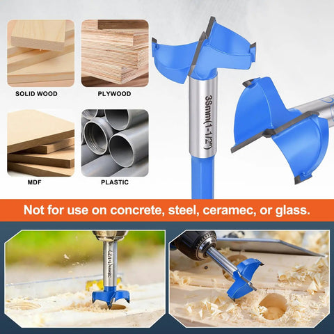 Built Tough Forstner Drill Bits Two Pack 1.5 Inch 38mm Tungsten Carbide Tipped woodworking hole cutter on wood.