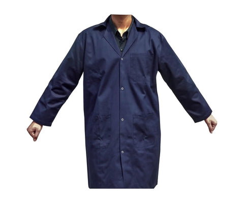 Lab Coat Navy Blue Long Sleeves Durable Polyester Cotton Drill Blend Large Size With Three Large Pockets For Easy Gear Storage