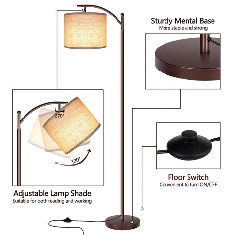 Tall Industrial Floor Lamp With LED Bulb 9W 800 Lumens Three Color Temperature 2700K 4000K 5000K Foot Switch Beige Lampshade For Living Room Office Bedroom Reading Dope with adjustable head and sturdy base.