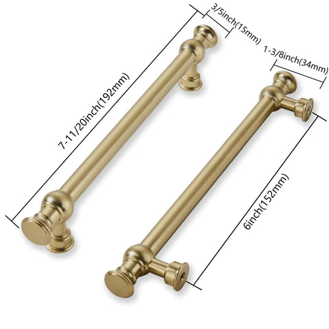 Ten Pack Six Inch Brushed Brass Cabinet Pulls Featuring Heavy Duty Solid Metal Construction And Sleek Modern Style Perfect For Kitchens Bathrooms Drawers And Dressers A Top Shelf Hardware Upgrade showing dimensions and design details.