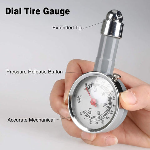 Hand holding dial tire gauge from 16 Piece Air Compressor Accessory Kit With One Quarter Inch Recoil Polyurethane Air Hose 23 Foot.