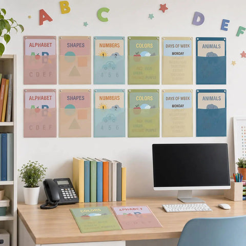 12Pcs Plastic Oversized Wall Pockets 12.6 x 9.4 Inches Hanging Wall File Organizer for classroom with Morandi color design