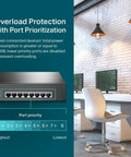 8 Port Gigabit PoE Switch With 153W Budget For Small Offices Plug And Play black metal desktop switch with port priority graphic
