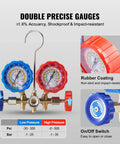 VEVOR AC manifold gauge set, 3-way with blue and red gauges, hoses, and can tap