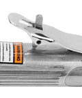 Close-up of Dead Reliable Air Angle Die Grinder With 25000 Rpm High Speed Pneumatic Tool showing metal handle and warning label.