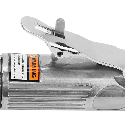 Close-up of Straight Up Pro Grade 15 Cm Handle Air Angle Die Grinder featuring a warning label and silver handle.