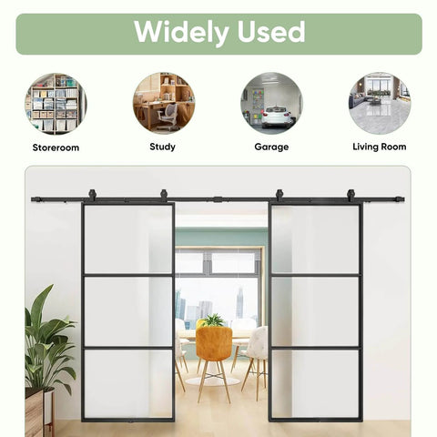 Two 36 Inch By 84 Inch Frosted Glass Barn Door Panels With Top Mounted Hardware And Soft Close Kit 72 Inch By 84 Inch Interior Sliding Glass Door In Black Carbon Steel Frame Dope Sleek Look installed in living room setting.