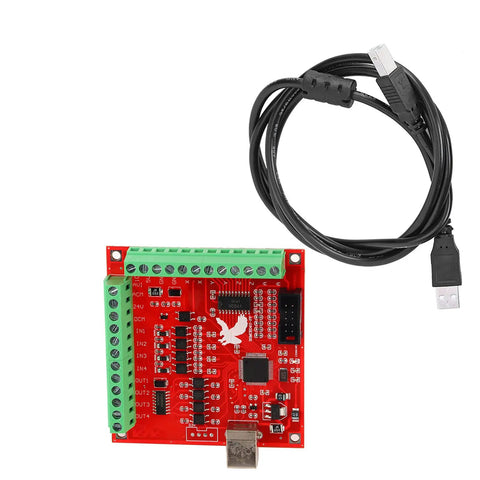 USB 100KHz Motion Controller Board For CNC Engraving With 0 To 10V Analog Output And Optional 0 To 5V Config Limit Switch Ready High Speed 100KHz Pulse Drive For CNC Servo Motors And Hobby CNC Enthusiasts. Red PCB controller board with USB cable