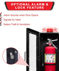 Heavy Duty Fire Extinguisher Cabinet With Alarm And Secure Lock Featuring Clear Breakable Acrylic Window and lock detail view
