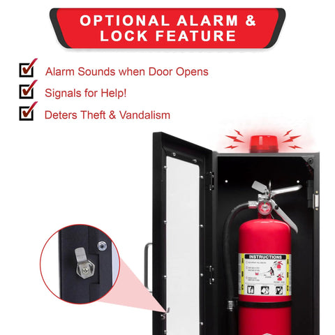 Heavy Duty Fire Extinguisher Cabinet With Alarm And Secure Lock Featuring Clear Breakable Acrylic Window and lock detail view