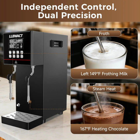 Beast Mode Dual Head Commercial Steam Milk Frother Driving Twin Independent Wands for precise frothing and heating drinks.