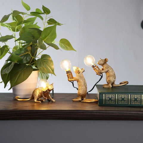 Three Style Resin Mouse Desk Lamp LED Glow with Running, Sitting, Standing Mice in Gold Finish for Bedroom or Study Room Decor
