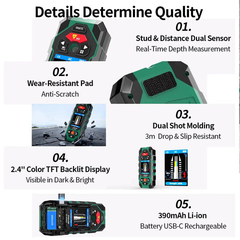 10 In 1 Stud Finder And Wall Scanner With Laser Tape Measure And Digital Level For DIY Renovations, Heavy Duty Wall Scanning, Precise Stud Detection, 131ft Laser Range, And Quick Leveling All In One Handy Tool, green black handheld scanner