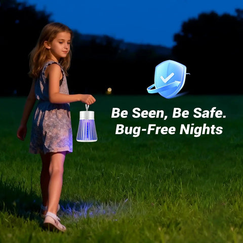 Child holding Portable Mosquito Zapper For Indoor And Outdoor Use USB Rechargeable Electric Fly Swatter With Safe Grid And Purple LED
