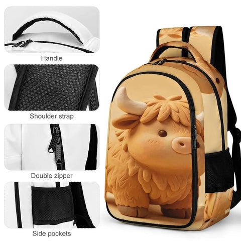 Kawaii Mini Cow Clay Art Printed Backpack For Everyday Use, features durable zipper, breathable polyester, side pockets.