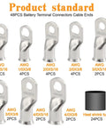 48 Piece Battery Tinned Copper Terminal Connectors Kit With Heat Shrink Tubing Includes AWG 1 0 2 0 3 0 4 0 Crimp Ring Lugs For Car Truck Marine Applications Heavy Duty Wiring Assortment showing various connectors and heat shrink tube.