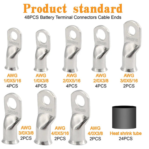 48 Piece Battery Tinned Copper Terminal Connectors Kit With Heat Shrink Tubing Includes AWG 1 0 2 0 3 0 4 0 Crimp Ring Lugs For Car Truck Marine Applications Heavy Duty Wiring Assortment showing various connectors and heat shrink tube.