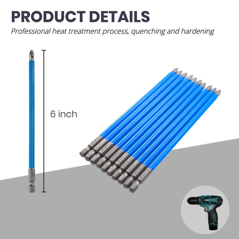 Anti Slip Phillips PH2 Screwdriver Bit Set Ten Pieces With Magnetic One Quarter Inch Hex Shank And Six Inch Length S2 Steel.