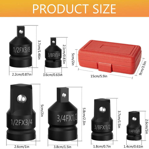 Heavy Duty 6 Piece Impact Socket Adapter Kit Set With Carrying Case For Reliable Driver Wrench Size Conversion Reducer Tools, sized adapters in red case
