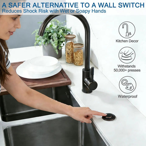 Person using Sink Top Garbage Disposal Air Switch Kit With Long Push Button And Brass Cap UL Listed Oil Rubbed Bronze Finish