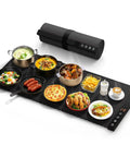 Portable Silicone Food Warming Mat With Rapid Full Surface Heat Six Temp Levels And Adjustable Timer includes dishes of various foods.