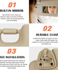 Collage showing features of Beige Driver Side Sun Visor Replacement for 2004-2007 Toyota Highlander, including built-in mirror and durable clasp.