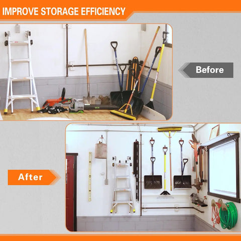 Before and after using six pack heavy duty garage hooks J shaped wall mounted organizer for ladders bikes tires hose and bulk tools