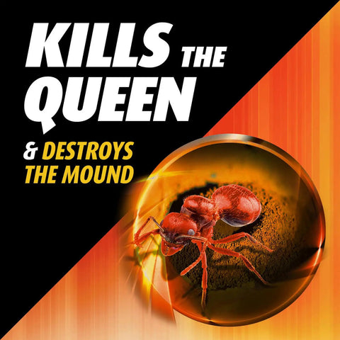 Fire Ant Killer For Outdoors No Watering Needed Kills Queens Mound Treatment image with red ant inside sphere.