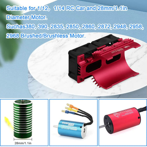 Twin 25mm RC Motor Cooling Fans with Metal Heatsink for 28mm Brushless Motors, shown on a marble surface.