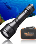 Beast 1000 Lumen Underwater Dive Light With Wrist Strap, Tail Switch, Three Modes, IP68 Waterproof, shown with carrying case