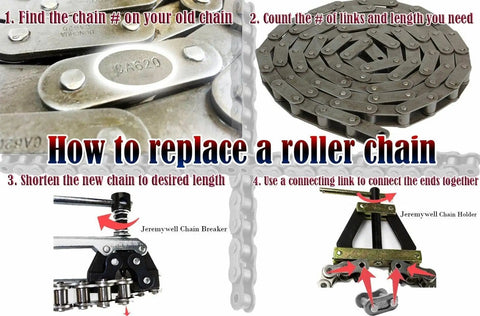 Guide on replacing a roller chain with visual steps using ANSI C2050 Conveyor Roller Chain 10 Ft With 1 Connecting Link, 1.250 Inch Pitch.