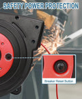 Close-up of Retractable 50 Ft Extension Cord Reel With Heavy Duty 14 AWG SJTOW Power Cord 13 Amp Breaker, breaker reset button shown.