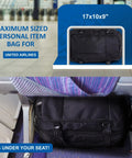 Underseat Go To Carry On Backpack Fits United Airlines 17x10x9 Inches 25L Max Capacity Black Travel Bag under airline seat.