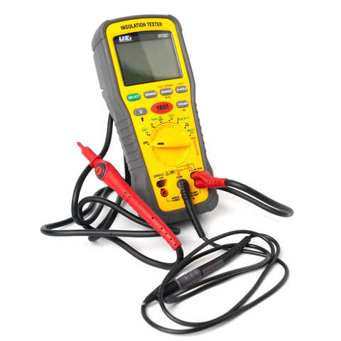 Insulation Resistance Tester 1000V Megohmmeter For Electric Pros Pro Grade Quality, 0.01MOhm To 2GOhm Range, Voltage Check Up To 1000V, High Accuracy Meter For Troubleshooting And Safety Compliance, yellow handheld unit with test leads