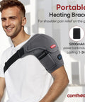 Person wearing Cordless Shoulder Heating Pad With Vibration Massage, 5000mAh Battery, on the go for shoulder pain relief