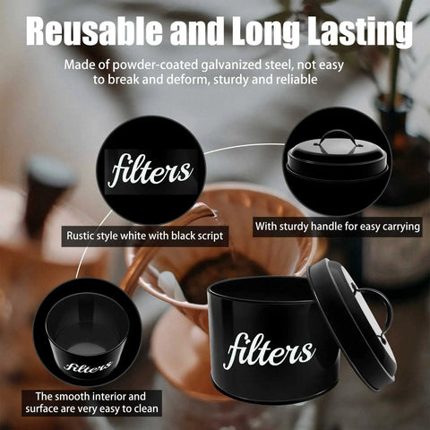 Product details of a White Enamel Round Coffee Filter Holder With Lid For Counter Top Storage showcasing design features and lid handle.