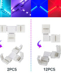 LED Strip Connector Kit For 5050 10Mm 4Pin With 8 Solderless Accessories, showing two connectors with LED lights in various colors