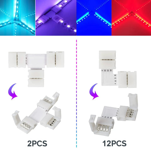LED Strip Connector Kit For 5050 10Mm 4Pin With 8 Solderless Accessories, showing two connectors with LED lights in various colors