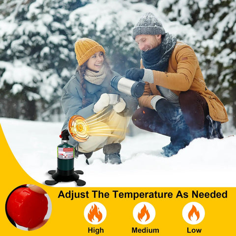 Portable Propane Heater For Outdoors, Cordless Radiant Camp Heater With Foldable Tank Holder used in a snowy environment