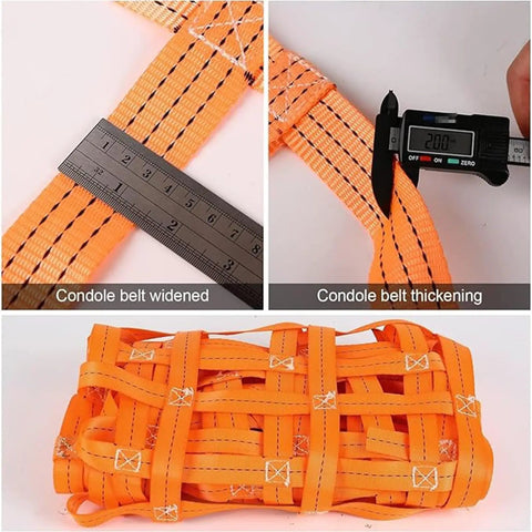 Heavy Duty Cargo Lifting Net With Tear Resistant Nylon Hoisting Sling showing detailed measurements and orange woven structure