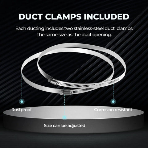 Duct clamps included with Eight Pack 8 Inch Aluminum Flex Air Ducting 25 Feet Non Insulated Dryer Vent Hose, rustproof and adjustable.