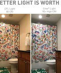 Comparison of bathroom lighting with PAR38 Weatherproof Outdoor LED Flood Light Bulb showing dim CFL vs bright Cree light