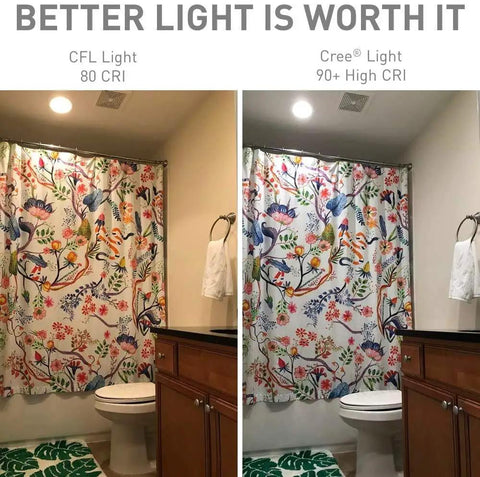 Comparison of bathroom lighting with 80 CRI and 90+ CRI; brighter light showcasing floral shower curtain detail clearly.