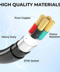 Cross-section of RV Generator Power Distribution Cord 50 Amp NEMA 14 50P Male To Four 5 15R And 5 20R T Blade, showing materials.