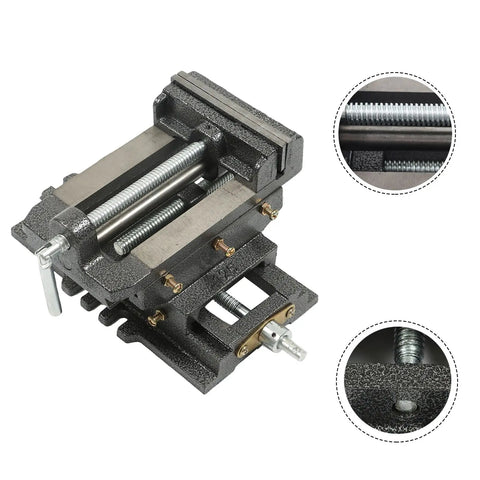5 Inch Cross Slide Drill Press Vise For Metal Milling With Two Way X Y Movement Built Tough Heavy Duty Clamp Machine Black Finish Ideal For Precision Workpieces And Accurate Drilling, black iron vise with X Y screw details